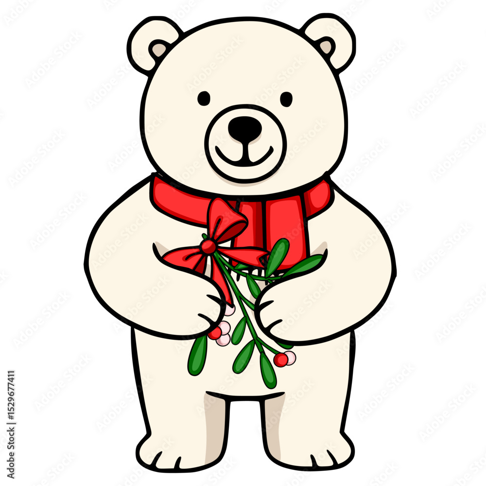 Obraz premium Adorable vector illustration of a cheerful polar bear wearing a red scarf and holding a sprig of mistletoe, perfect for festive designs.