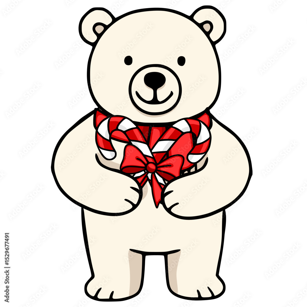 Fototapeta premium Adorable vector illustration of a polar bear holding a pair of candy canes tied with a red bow, perfect for Christmas cards or winter-themed designs.