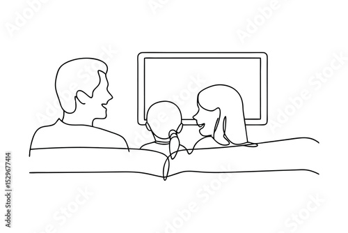 Family watching television together line drawing illustration