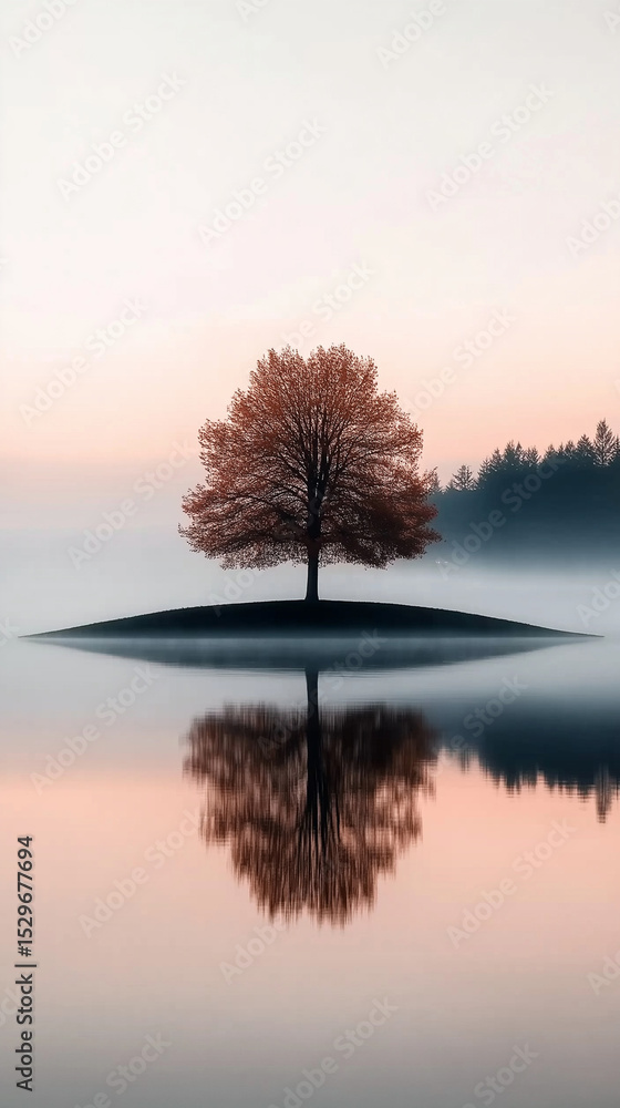A minimalist photograph of an island with a single tree in the middle, the reflection is on the water, with dawn light, pastel colors, a foggy atmosphere, a peaceful and serene mood A minimalist photograph of an island with a single tree in the middle, the reflection is on the water, with dawn light, pastel colors, a foggy atmosphere, a peaceful and serene mood