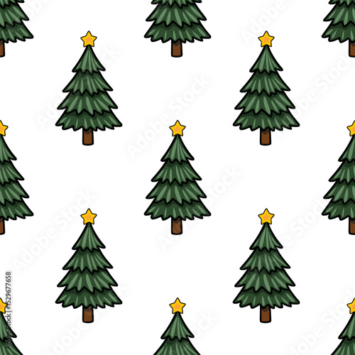 Seamless vector pattern of stylized Christmas trees with golden stars, perfect for festive backgrounds and winter designs.