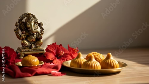 Golden Ganesha Statue With Modak Sweets Hibiscus Flowers Red Cloth On Wooden Table Religious Offering In Warm Light Holiday Still Life Decoration