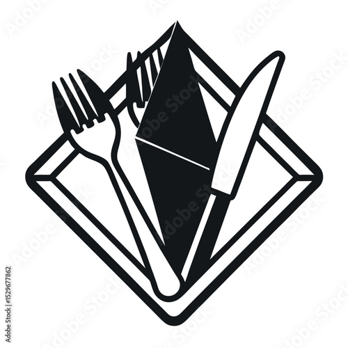 Black and white line-style vector of a napkin with disposable cutlery. Ideal for restaurant menus, packaging, food delivery apps, eco product labels, and kitchen icons.