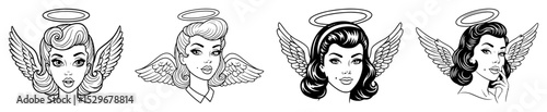 retro angel heads with halos and wings in vintage tattoo style