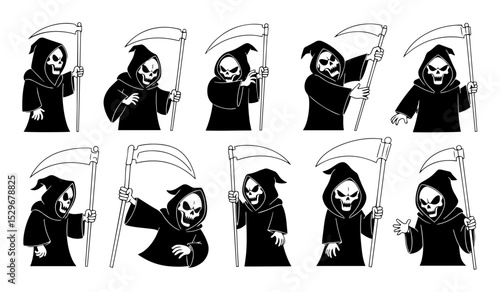grim reaper character set with scythe in cartoon tattoo style