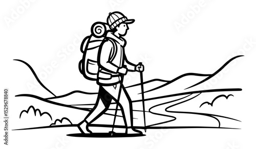 hiking man with backpack walking in mountains line art