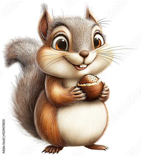 A chubby squirrel holding an acorn with a big smile, stylized with large eyes and fluffy tail  isolated on transparent white background, png. 