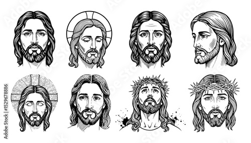 set of jesus christ portraits with halo and crown of thorns