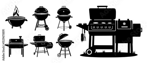 barbecue grill set with various bbq equipment in retro style