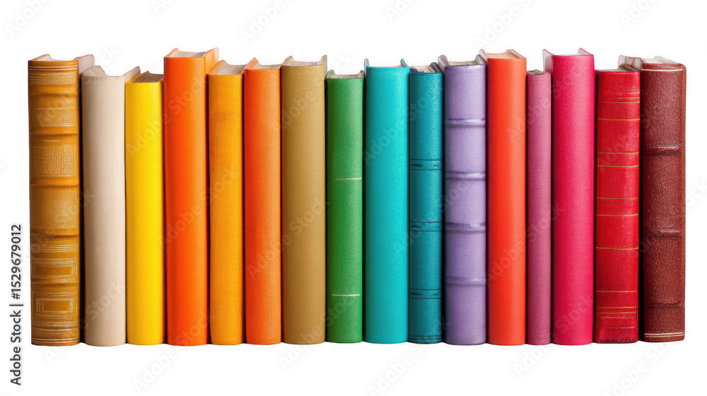 Fototapeta premium Colorful books are standing in a row sorted by color from light to dark creating a vibrant gradient effect on a transparent background, perfect for educational or literary themes