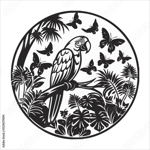 An image of a parrot on a tree branch in the open air with butterflies flying around it