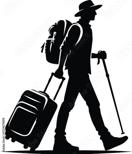 A man traveler walking with a luggage silhouette Vector Illustration isolated on a white background