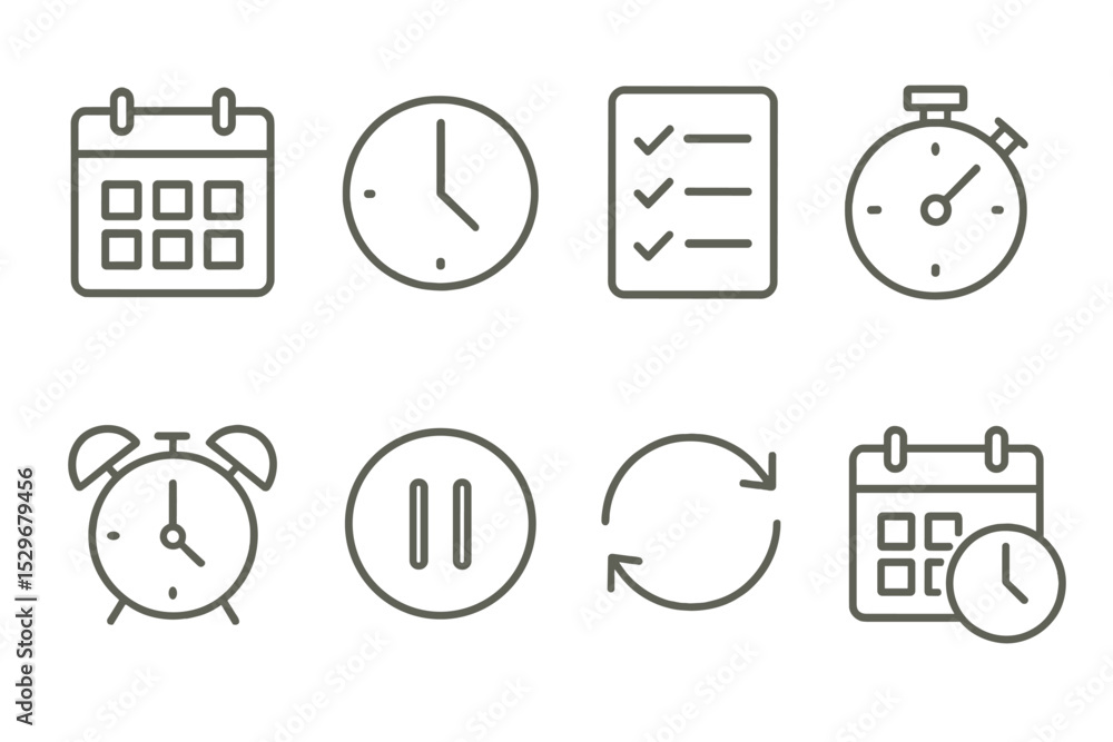 Line Style Icons. Line style icons for schedules and limits: calendar, clock, checklist, timer, alarm, pause, repeat, daily limit. Line Style Icons. Line style icons for schedules and limits: calendar, clock, checklist, timer, alarm, pause, repeat, daily limit.