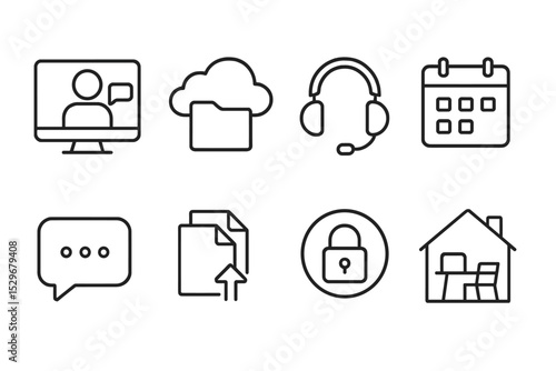 Remote Work Icons. Line style icons for remote work: video call, cloud storage, headset, calendar, chat, file sharing, VPN, home