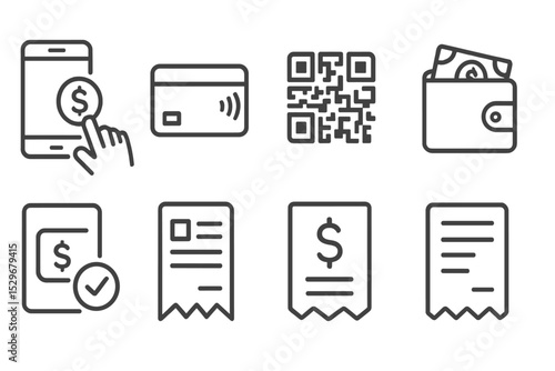 Payment Icon Set. Line style icons for payments: mobile payment, contactless card, QR code, wallet, payment confirmation, invoice,