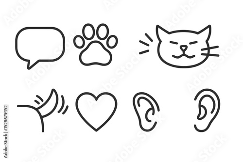 Pet Communication Icons. Line style icons for pet communication: speech bubble, paw print, bark icon, meow icon, tail wag, heart,