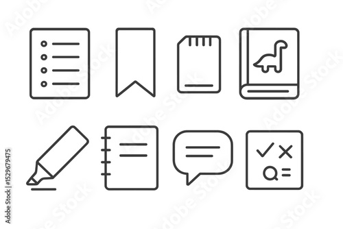 Vocabulary Icons Set. Line style icons for vocabulary building: word list, bookmark, memory card, thesaurus, highlighter, notebook