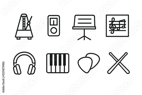 Music Practice Icons. Line style icons for music practice: metronome, tuner, music stand, sheet music, headphones, piano keys,