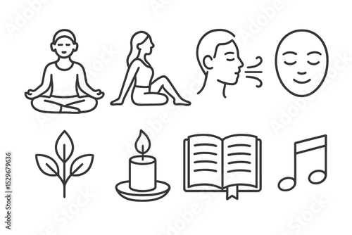 Wellness Icons Collection. Line style icons for wellness activities: meditation, yoga, breathing, calm face, nature, candle,