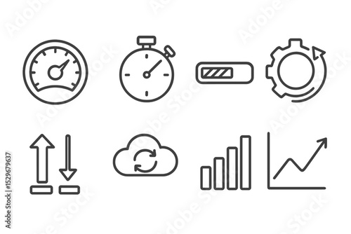Sync Performance Icons. Line style icons for sync performance: speedometer, stopwatch, progress bar, optimization, data transfer,