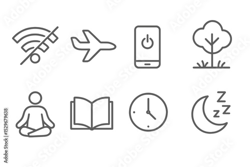 Digital Detox Icons. Line style icons for digital detox: no wifi, airplane mode, phone off, nature, meditation, book, clock, sleep