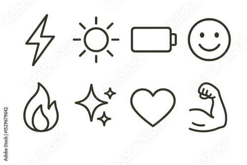 Energy and Mood Icons. Line style icons for energy and mood: lightning bolt, sun, battery, smiley face, fire, stars, heart, muscle