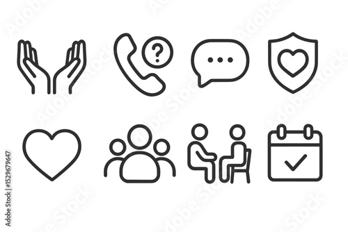 Line Style Icons. Line style icons for patient support: help hands, hotline phone, chat bubble, shield, heart, community, therapy,