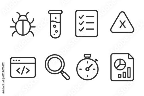 Debugging Line Icons. Line style icons for debugging and testing: bug, test tube, checklist, error, console log, magnifying glass,