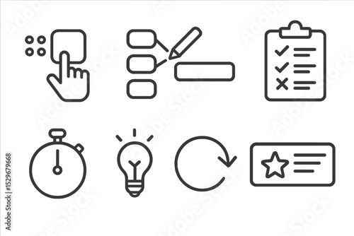 Interactive Exercise Icons. Line style icons for interactive exercises: drag and drop, matching pairs, fill in the blank, quiz,
