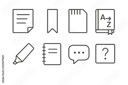 Vocabulary Icons. Line style icons for vocabulary building: word list, bookmark, memory card, thesaurus, highlighter, notebook,