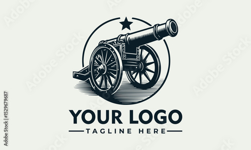 Detailed vintage cannon illustration firing with smoke and decorative stars. Historical weaponry concept