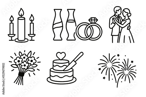 Wedding Traditions Icons. Line style icons of wedding traditions: unity candle, sand ceremony, rings exchange, first dance,