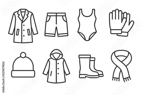 Seasonal Clothing Icons. Line style icons of seasonal clothing: coat, shorts, swimsuit, gloves, hat, raincoat, boots, scarf.