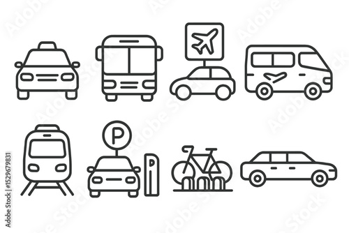 Airport Transport Icons. Line style icons of airport transport: taxi, bus, car rental, shuttle, train, parking, bicycle rack,