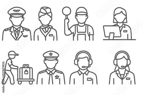 Airline Staff Icons. Line style icons of airline staff: pilot, flight attendant, ground crew, ticket agent, baggage handler,