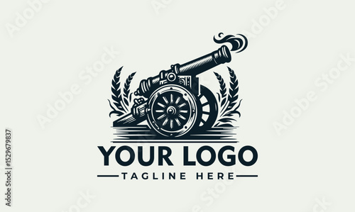 Detailed vintage cannon illustration firing with smoke and decorative stars. Historical weaponry concept