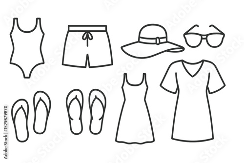 Beachwear Line Icons. Line style icons of beachwear: swimsuit, shorts, sunhat, sunglasses, flip flops, beach dress, rash guard,