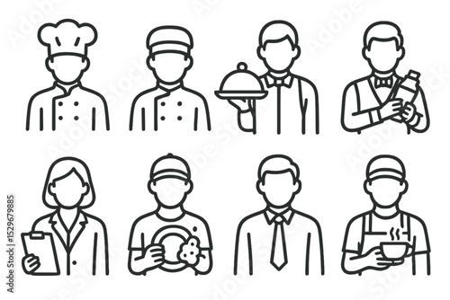 Restaurant Staff Icons. Line style icons of restaurant staff roles: chef, sous chef, waiter, bartender, host, dishwasher, manager,