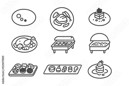 Line Style Food Icons. Line style icons of food plating styles: minimalist, rustic, gourmet, family-style, buffet, tapas, tasting