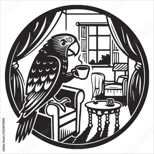 image of a parrot sitting on a chair in a room and drinking tea