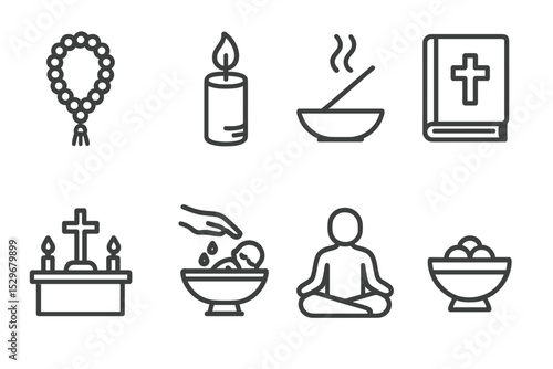Religious Ritual Icons. Line style icons of religious rituals: prayer beads, candle, incense, holy book, altar, baptism,