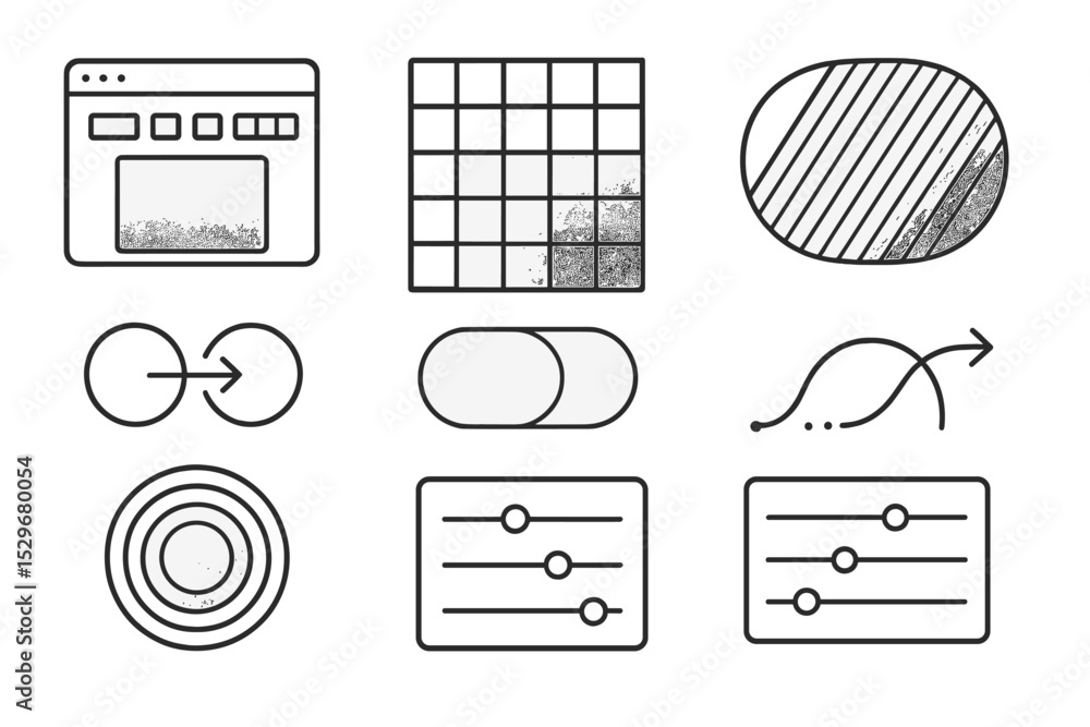Gradient UI Icons. Line style icons of gradients: gradient UI kit, color fading grid, chromatic fade element, blend tool icon,