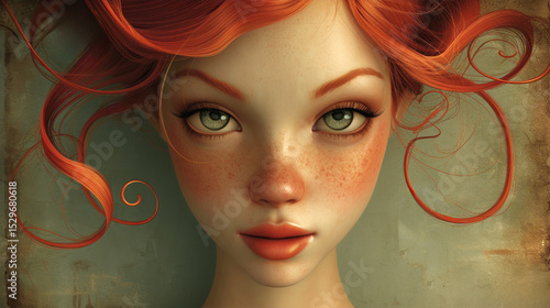 a close-up of a girl's face with vibrant curly red hair, green eyes, and freckles