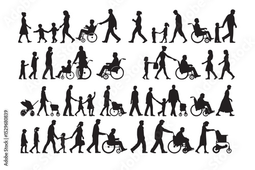 Black Silhouettes of Families Adults Children Wheelchairs Strollers Walking