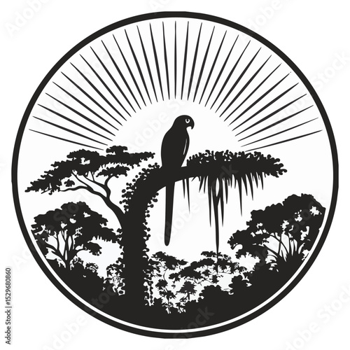 an image of a parrot standing on a thicket of trees in the forest