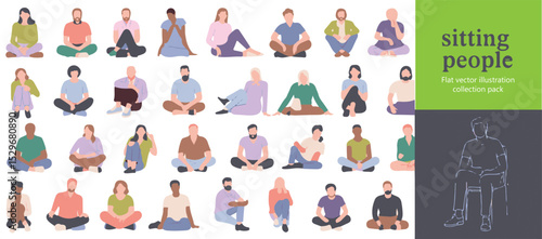 Diverse People Sitting in Various Poses Pastel Flat Vector Illustration Collection