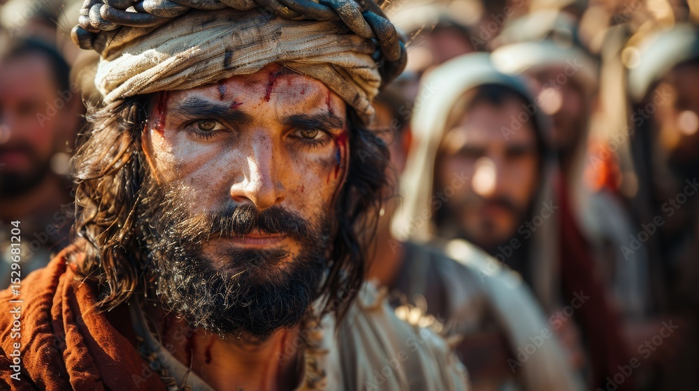 An emotional portrayal of struggle and conflict, featuring a distressed figure with blood and intense expression against a backdrop of a crowd, symbolizing human suffering. An emotional portrayal of struggle and conflict, featuring a distressed figure with blood and intense expression against a backdrop of a crowd, symbolizing human suffering.