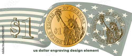 Vector engraving, design element. Modern US dollar. Change coin of United States of America. American money