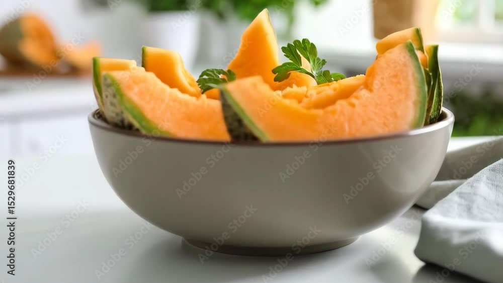 Bright cantaloupe slices arranged in a ceramic bowl on a white countertop in kitchen setting. Fresh, healthy eating. Bright cantaloupe slices arranged in a ceramic bowl on a white countertop in kitchen setting. Fresh, healthy eating.