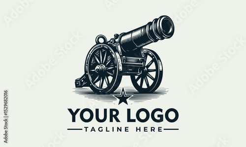 Detailed vintage cannon illustration firing with smoke and decorative stars. Historical weaponry concept